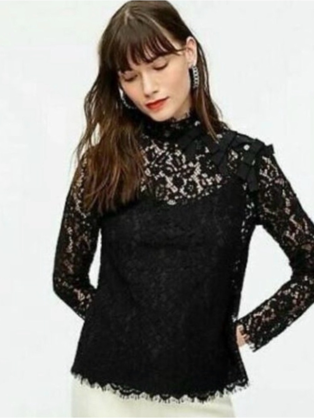 J. Crew Black Lace Long Sleeve Mock Neck Top Sz 6